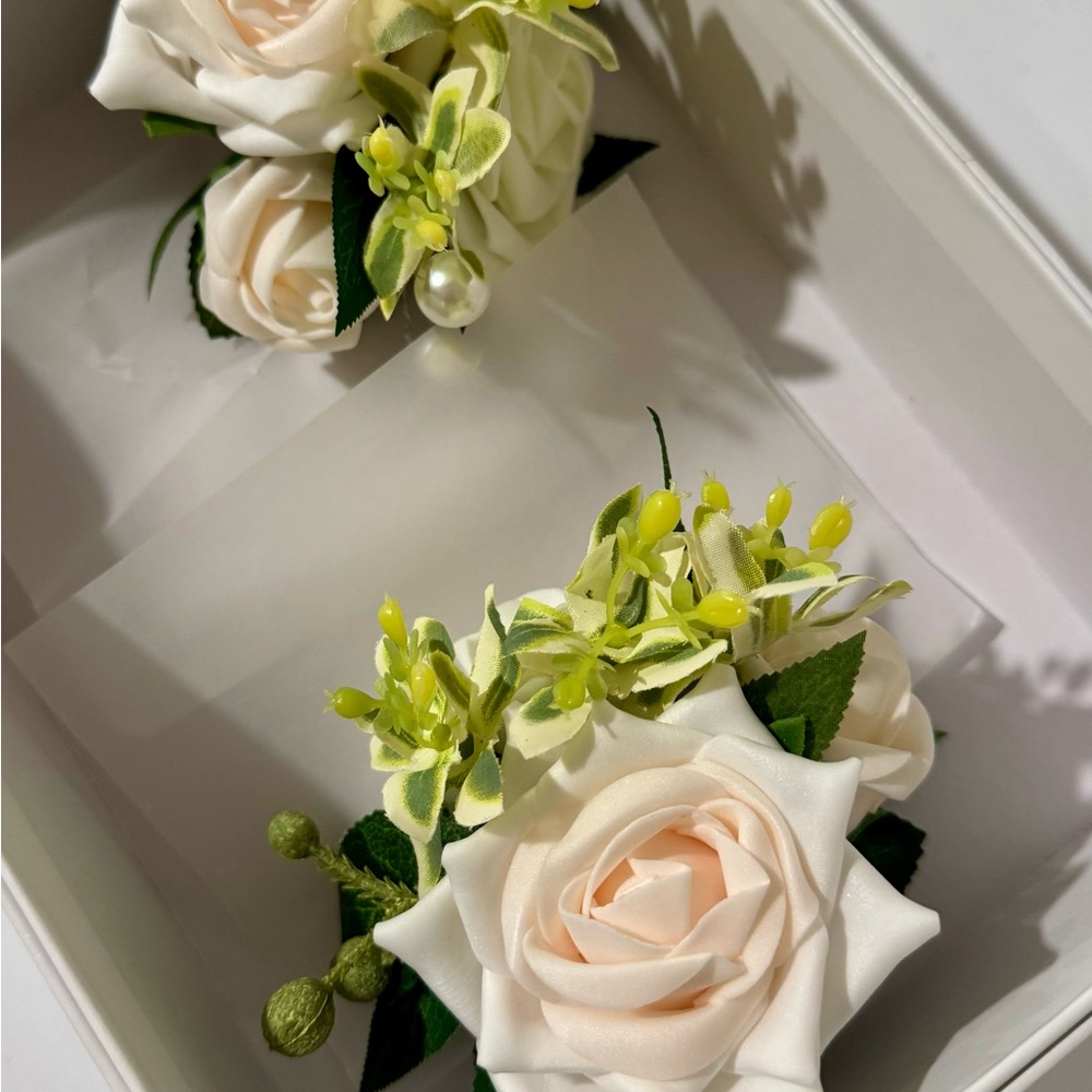 2 Ivory, Cream and Green Floral Corsages